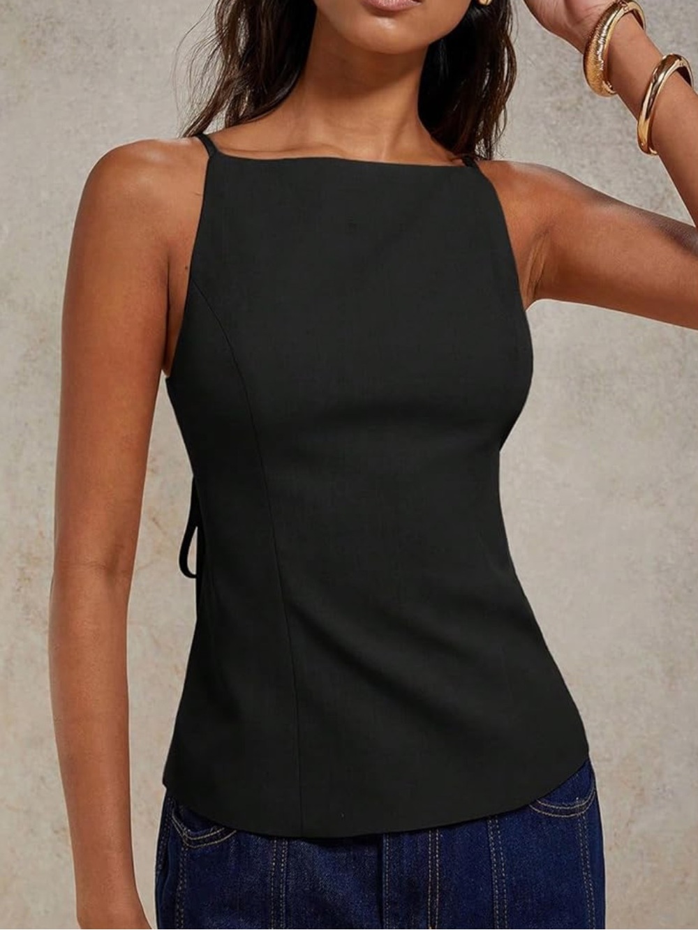 Black Square-Neck Halter Backless Top - Picture 4 of 4